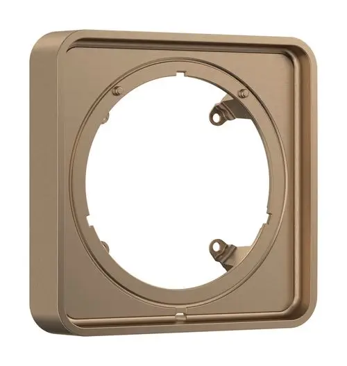 HG Verlängerungsrosette in brushed bronze, rechteckig mit einem runden Ausschnitt in der Mitte und Befestigungselementen. Teil des Hansgrohe Sortimentes zur Erweiterung von Armaturen.